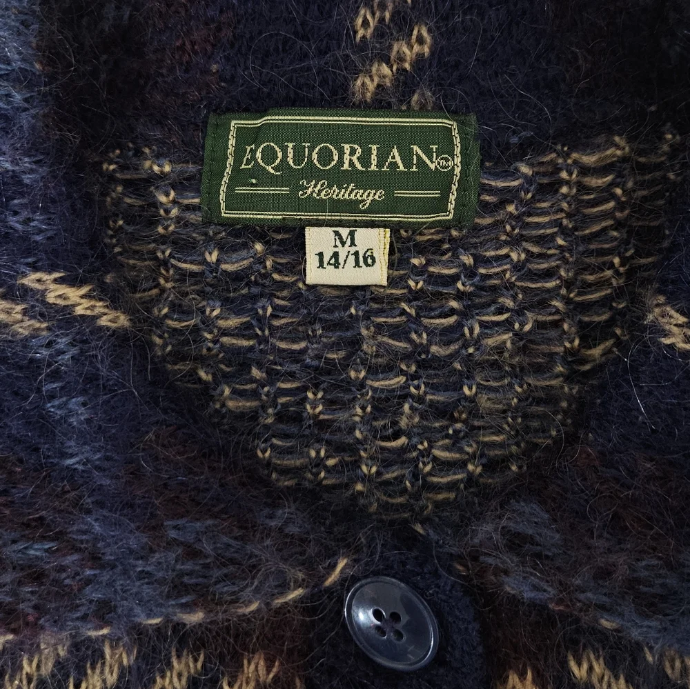 Vintage Mohair Blend Plaid Oversized Cardigan Sweater Navy Burgundy Tan M - Picture 9 of 11